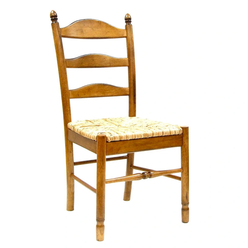 Ladder Back Dining Side Chair - Solid Wood with Woven Rush Seat, 38"H x 17"W x 16"D, Brown Finish, 250lbs Capacity