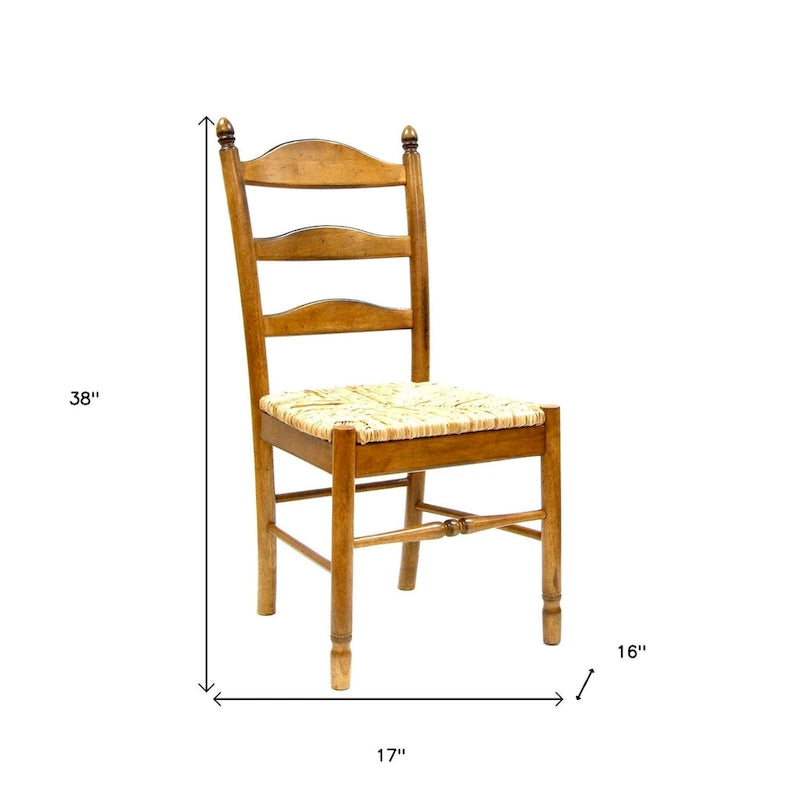 Ladder Back Dining Side Chair - Solid Wood with Woven Rush Seat, 38"H x 17"W x 16"D, Brown Finish, 250lbs Capacity