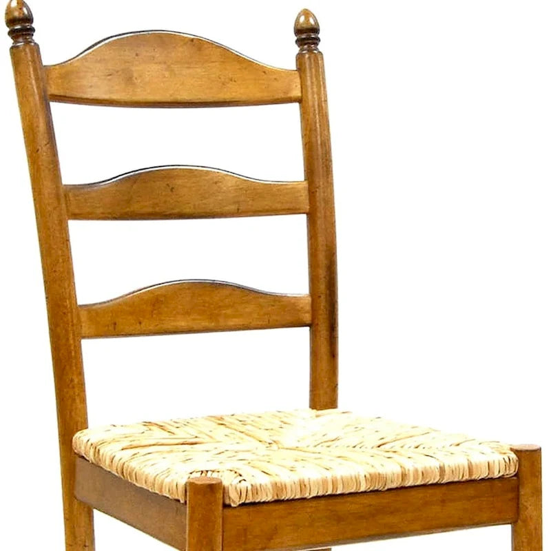 Ladder Back Dining Side Chair - Solid Wood with Woven Rush Seat, 38"H x 17"W x 16"D, Brown Finish, 250lbs Capacity