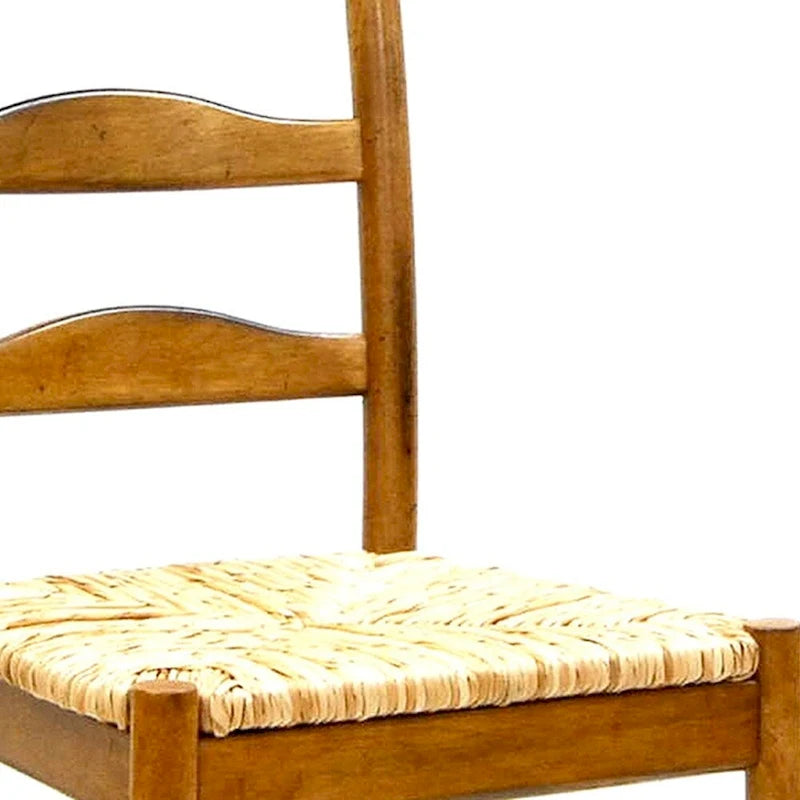 Ladder Back Dining Side Chair - Solid Wood with Woven Rush Seat, 38"H x 17"W x 16"D, Brown Finish, 250lbs Capacity