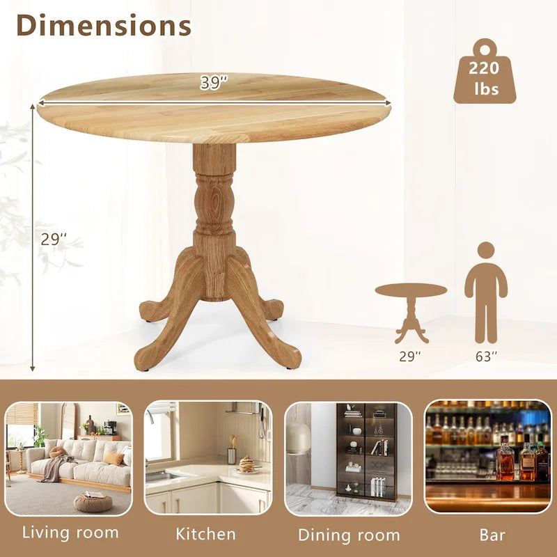 39-Inch Round Rustic Dining Table with Rubber Wood, Splayed Legs, 4-Person Capacity for Kitchen