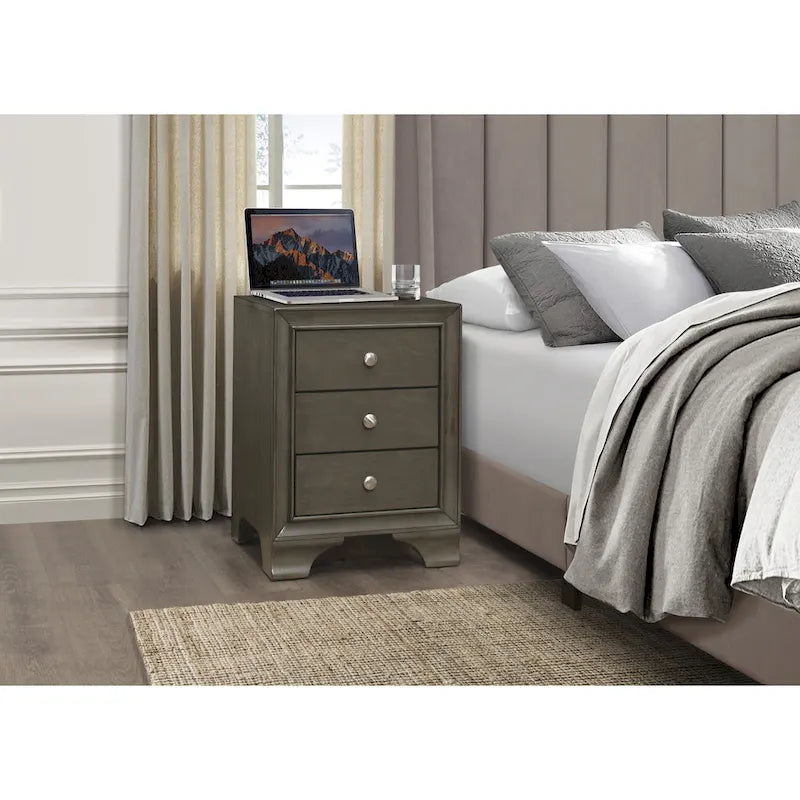 19-Inch White Nightstand with 3 Drawers, USB Charging Port, Chrome Knobs, Engineered Wood Bedside Table