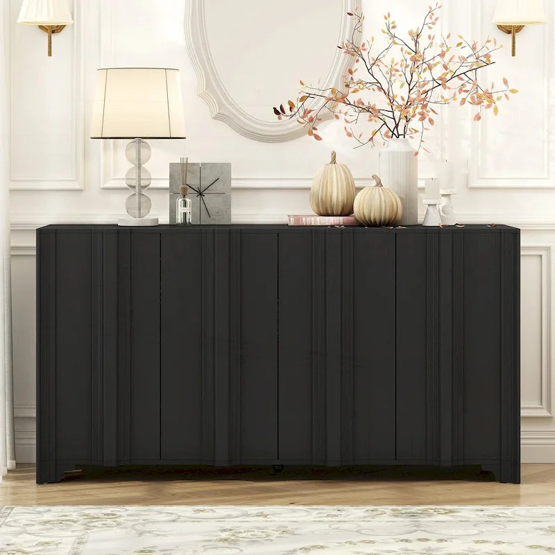 4-Door Sideboard with Linear Pattern Design | MDF Pine Veneer | Triangular Legs | Storage Cabinet for Living Room Dining Room