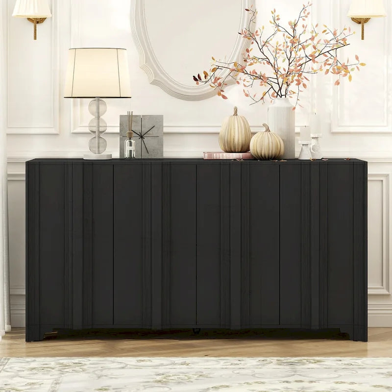 4-Door Sideboard with Linear Pattern Design | MDF Pine Veneer | Triangular Legs | Storage Cabinet for Living Room Dining Room