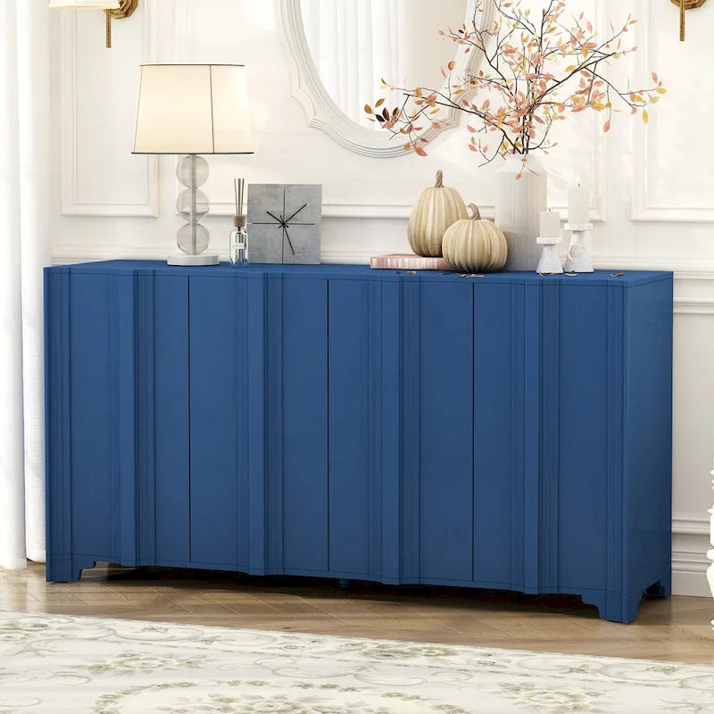 4-Door Sideboard with Linear Pattern Design | MDF Pine Veneer | Triangular Legs | Storage Cabinet for Living Room Dining Room