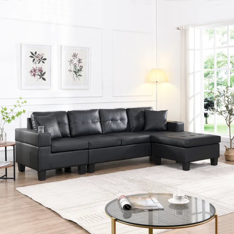 96" L-Shaped Sectional Sofa with Chaise Lounge - 4 Seater Brown PU Leather with Cup Holders