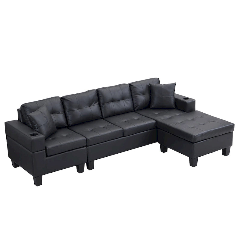 96" L-Shaped Sectional Sofa with Chaise Lounge - 4 Seater Brown PU Leather with Cup Holders