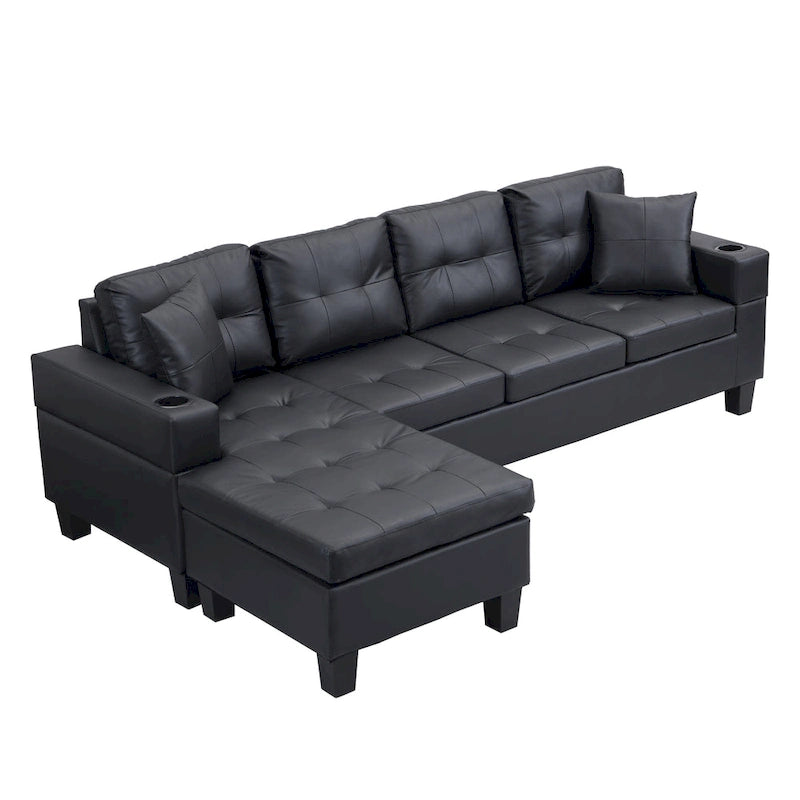 96" L-Shaped Sectional Sofa with Chaise Lounge - 4 Seater Brown PU Leather with Cup Holders