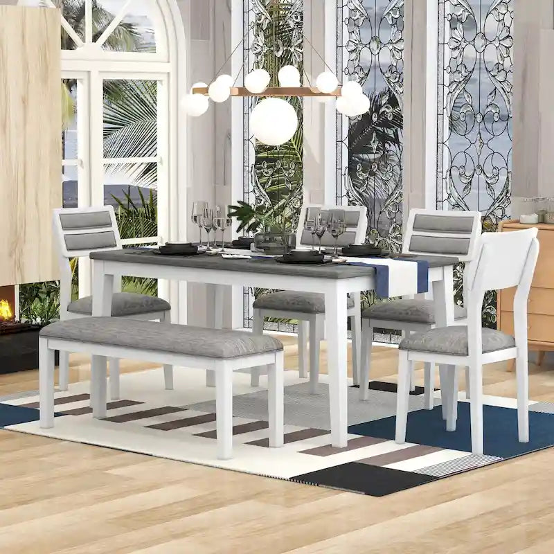 6-Piece Wooden Dining Table Set - 60" Table with 4 Upholstered Chairs & Bench, Rubber Wood