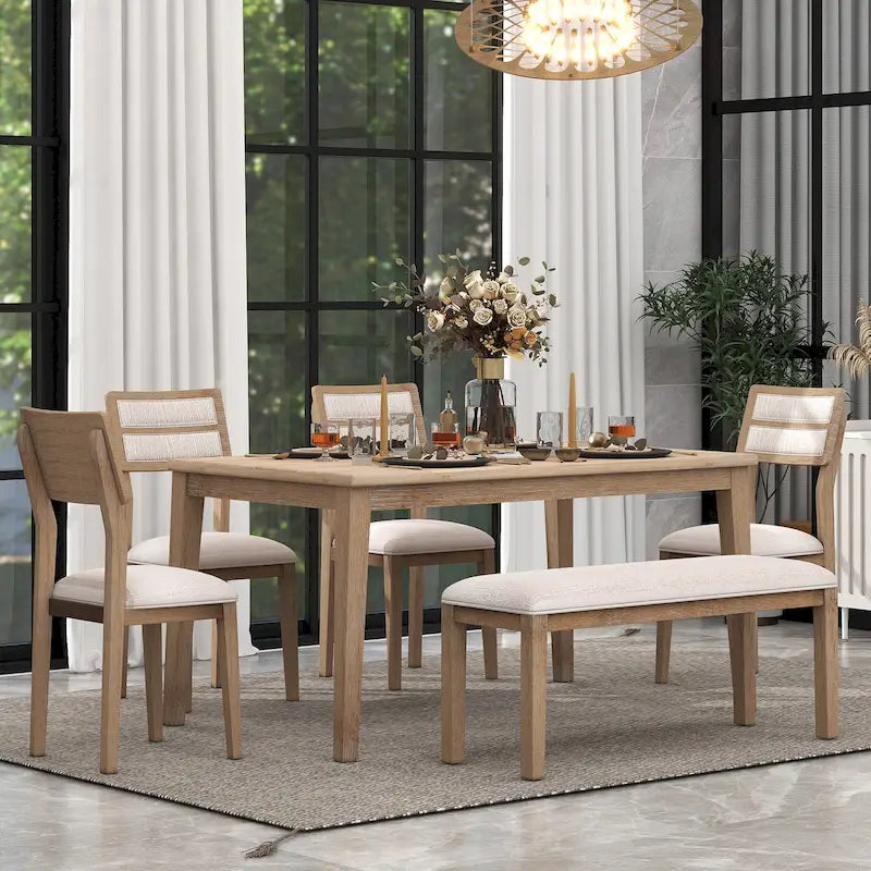 6-Piece Wooden Dining Table Set - 60" Table with 4 Upholstered Chairs & Bench, Rubber Wood