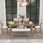 6-Piece Wooden Dining Table Set - 60" Table with 4 Upholstered Chairs & Bench, Rubber Wood