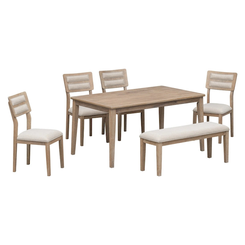 6-Piece Wooden Dining Table Set - 60" Table with 4 Upholstered Chairs & Bench, Rubber Wood