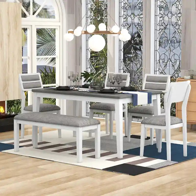 6-Piece Wooden Dining Table Set - 60" Table with 4 Upholstered Chairs & Bench, Rubber Wood