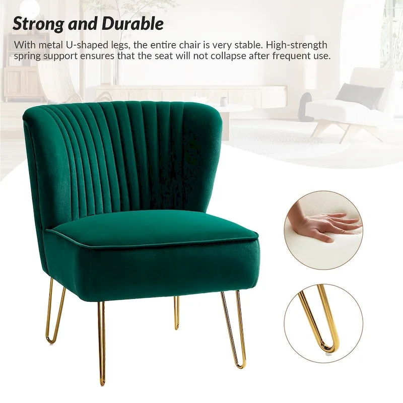 Velvet Tufted Accent Chair with Golden Metal Legs - Channel Back Design, High-Density Foam, 250 lbs Capacity, 26W x 30D x 31.5H
