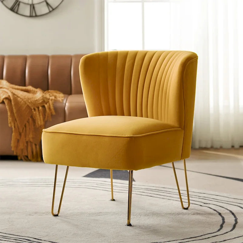 Velvet Tufted Accent Chair with Golden Metal Legs - Channel Back Design, High-Density Foam, 250 lbs Capacity, 26W x 30D x 31.5H