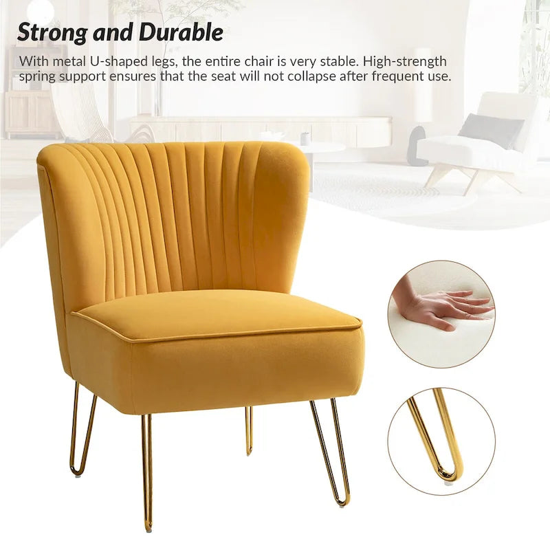Velvet Tufted Accent Chair with Golden Metal Legs - Channel Back Design, High-Density Foam, 250 lbs Capacity, 26W x 30D x 31.5H