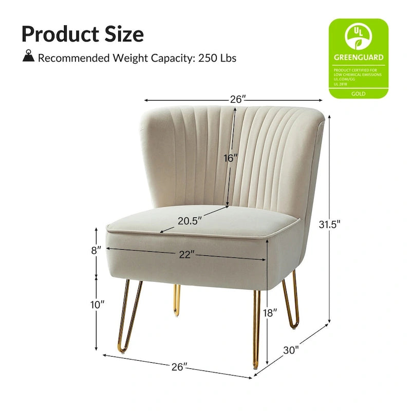 Velvet Tufted Accent Chair with Golden Metal Legs - Channel Back Design, High-Density Foam, 250 lbs Capacity, 26W x 30D x 31.5H