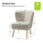 Velvet Tufted Accent Chair with Golden Metal Legs - Channel Back Design, High-Density Foam, 250 lbs Capacity, 26W x 30D x 31.5H