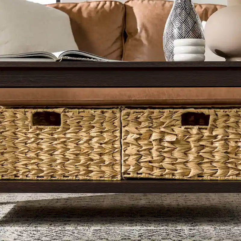 40-Inch Mission Style Coffee Table with 2 Wicker Storage Baskets, MDF Laminate, Wood Grain Design