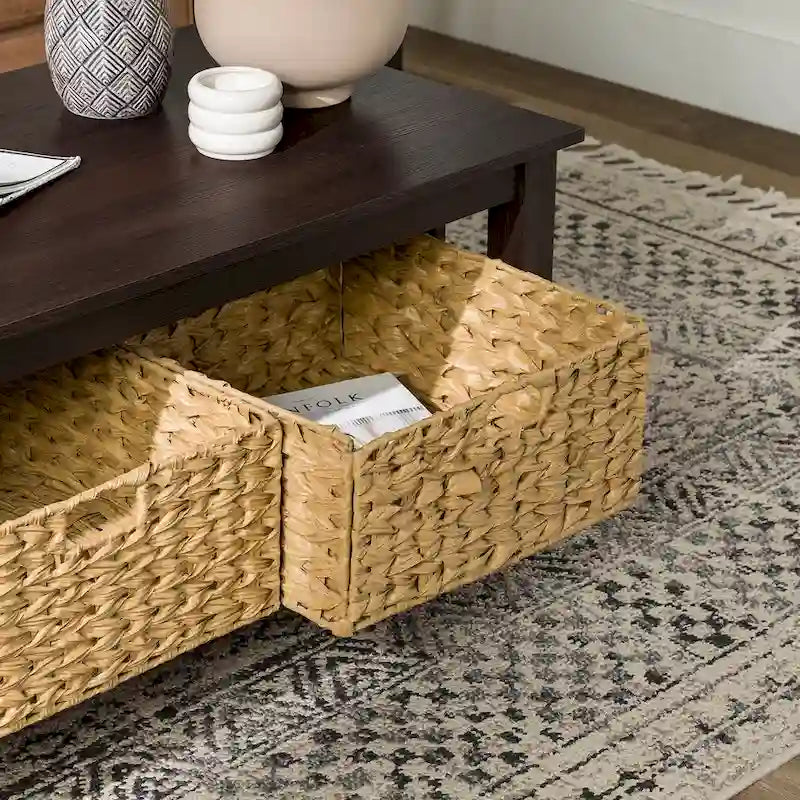 40-Inch Mission Style Coffee Table with 2 Wicker Storage Baskets, MDF Laminate, Wood Grain Design