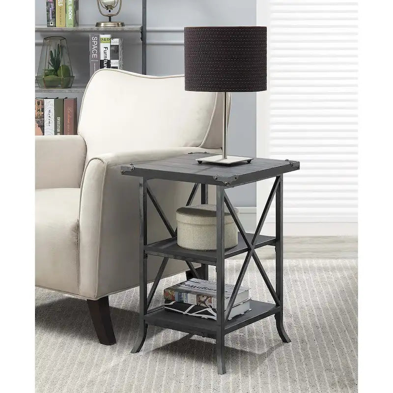 18-Inch End Table with Shelves, Hammered Metal Frame, Grooved Top Panel, Scrolled Feet for Living Room
