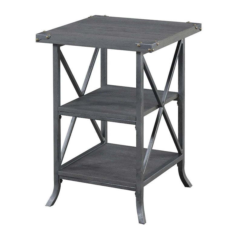 18-Inch End Table with Shelves, Hammered Metal Frame, Grooved Top Panel, Scrolled Feet for Living Room