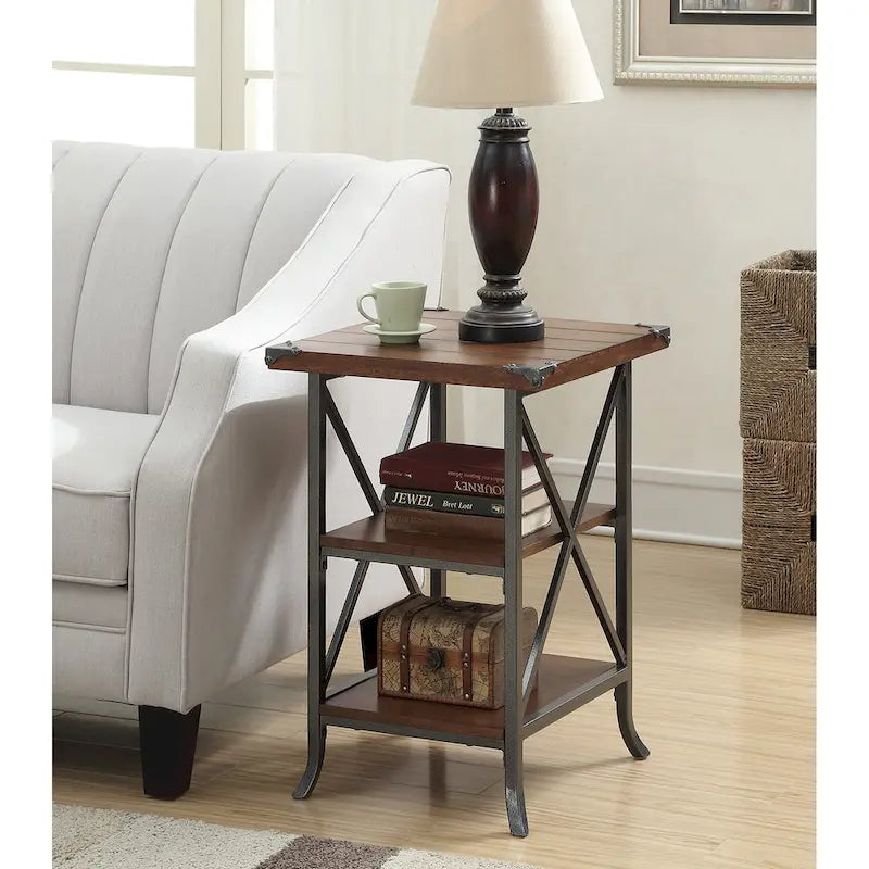 18-Inch End Table with Shelves, Hammered Metal Frame, Grooved Top Panel, Scrolled Feet for Living Room