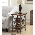 18-Inch End Table with Shelves, Hammered Metal Frame, Grooved Top Panel, Scrolled Feet for Living Room