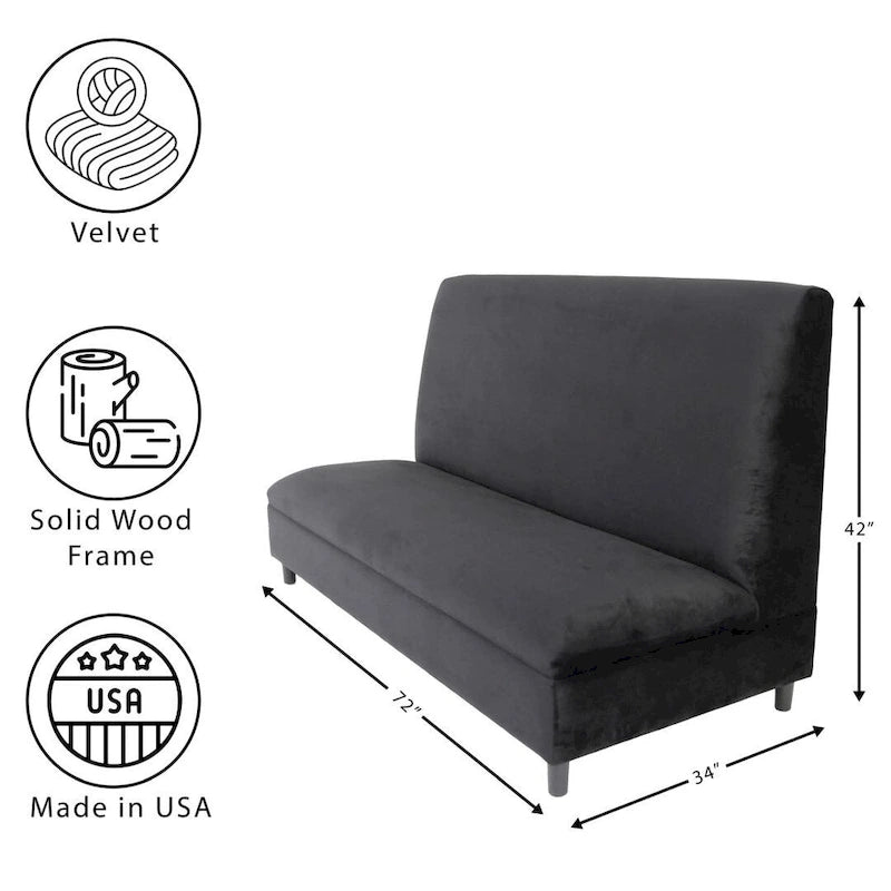 72-Inch Mid-Century Modern Black Velvet Booth Seating with Solid Wood Frame, 900 lbs Capacity for Restaurant