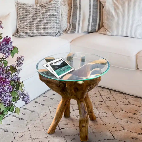 Chic Teak Rustic Teak Wood Root Side Table with 24 Inch Round Glass Top