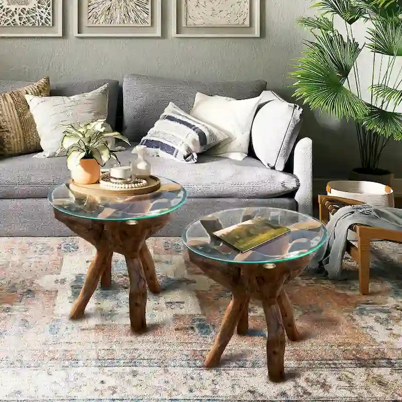 24-Inch Rustic Teak Wood Root Side Table with Round Glass Top, Handmade, Lacquer Finish, One-of-a-Kind