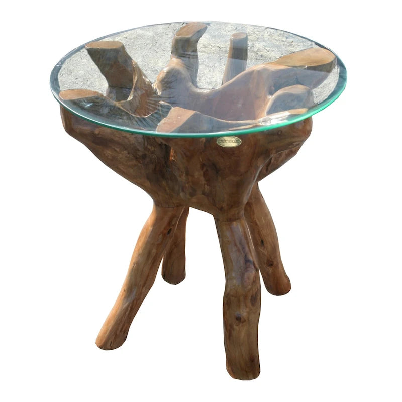 24-Inch Rustic Teak Wood Root Side Table with Round Glass Top, Handmade, Lacquer Finish, One-of-a-Kind