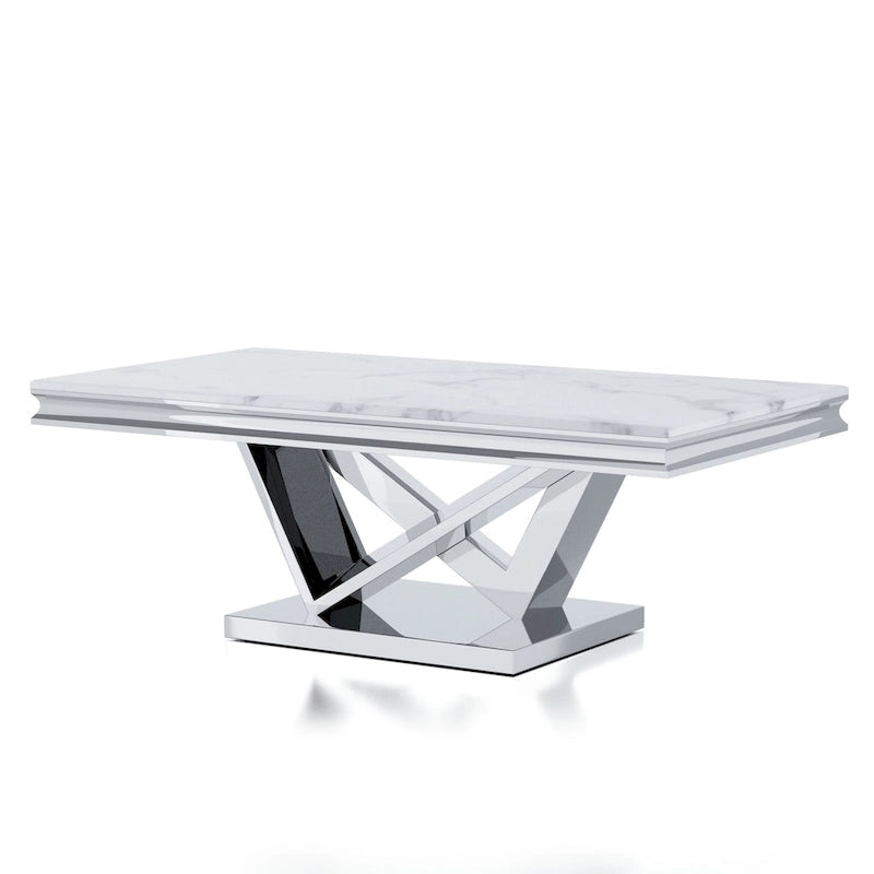 51-Inch Glam Faux Marble Top Coffee Table with Chrome V-Style Pedestal Base, Stainless Steel for Living Room