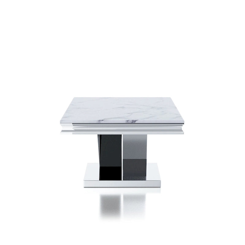 51-Inch Glam Faux Marble Top Coffee Table with Chrome V-Style Pedestal Base, Stainless Steel for Living Room