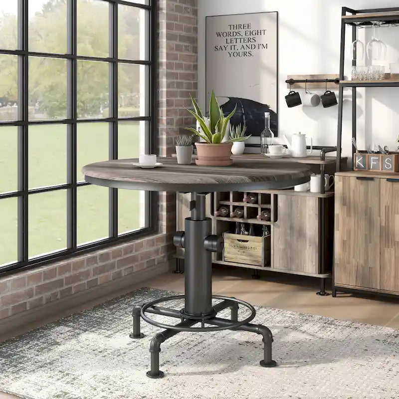 45-Inch Round Counter Height Table with Fire Hydrant Base, Metal Frame, Wood Top, Industrial Style, Black