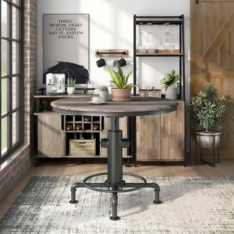 45-Inch Round Counter Height Table with Fire Hydrant Base, Metal Frame, Wood Top, Industrial Style, Black