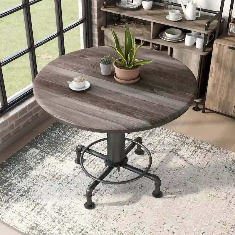 45-Inch Round Counter Height Table with Fire Hydrant Base, Metal Frame, Wood Top, Industrial Style, Black