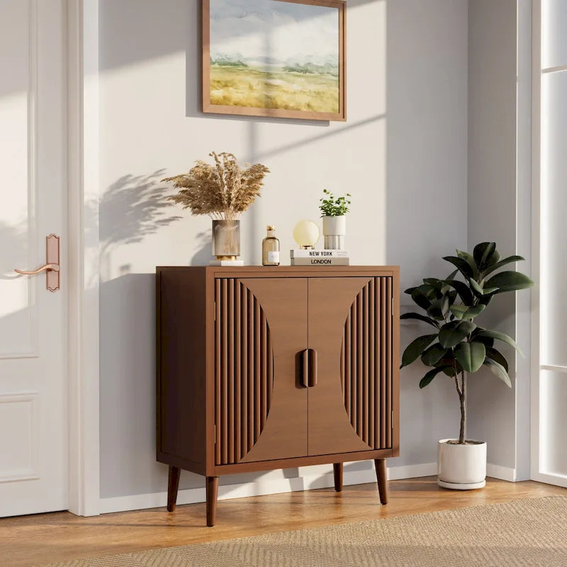 Brown Sideboard Storage Cabinet 30-32" Wide - Modern Buffet Table with Tapered Legs, MDF Wood, Easy Assembly