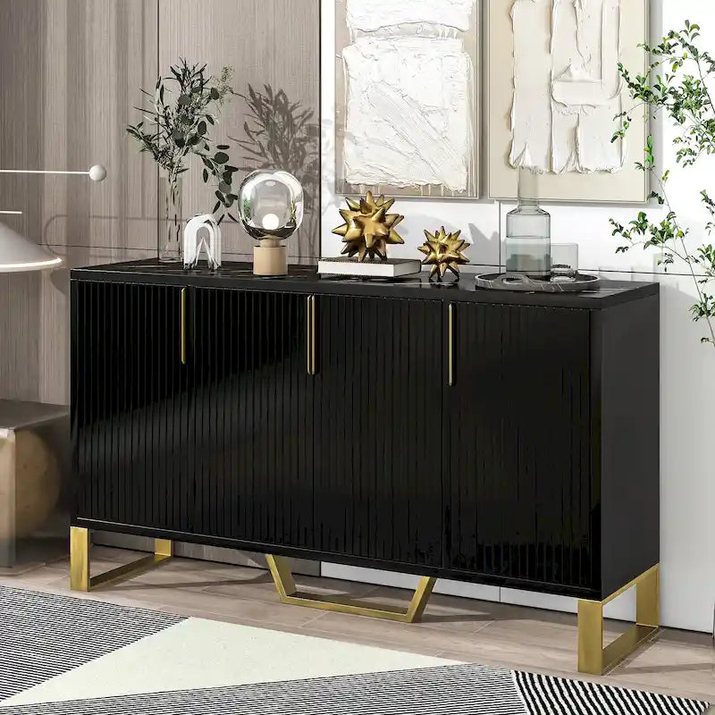60" Modern Sideboard Kitchen Cabinet with 4 Doors, Adjustable Shelves, Marble Top, Gold Metal Legs - White Storage Buffet