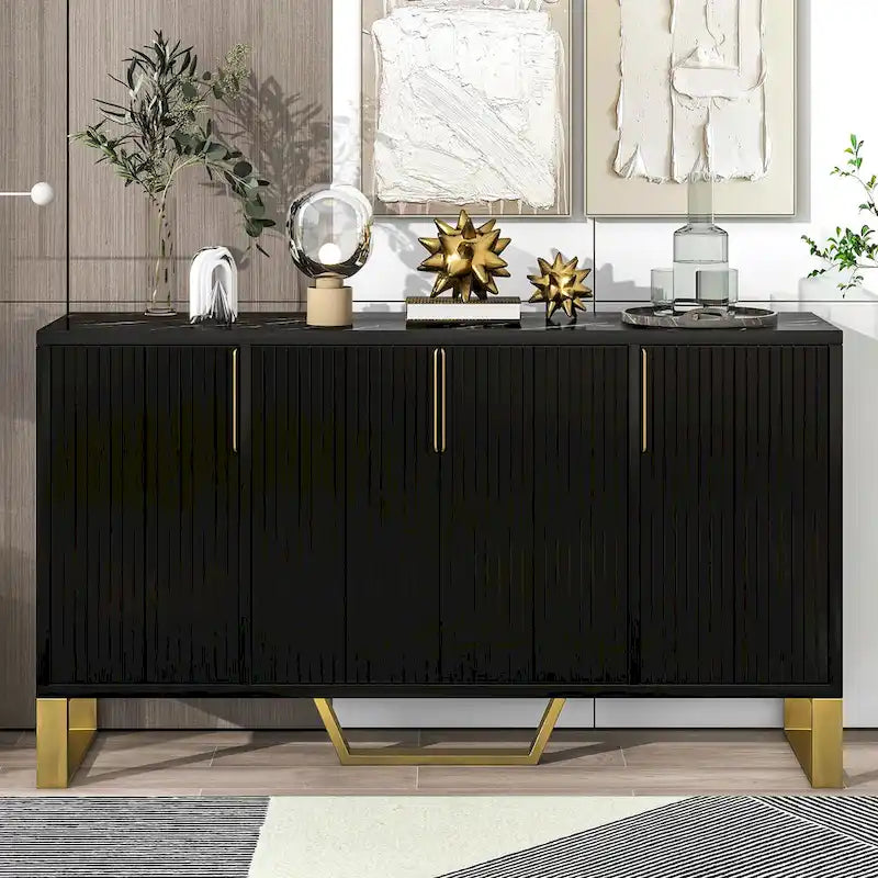 60" Modern Sideboard Kitchen Cabinet with 4 Doors, Adjustable Shelves, Marble Top, Gold Metal Legs - White Storage Buffet