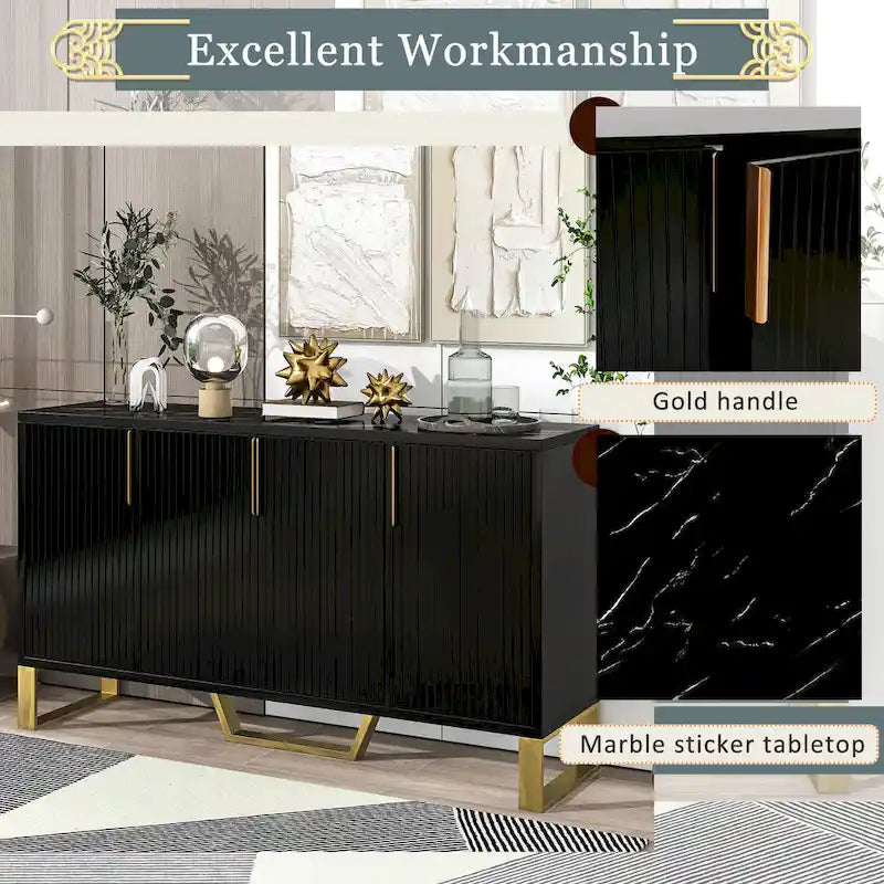 60" Modern Sideboard Kitchen Cabinet with 4 Doors, Adjustable Shelves, Marble Top, Gold Metal Legs - White Storage Buffet