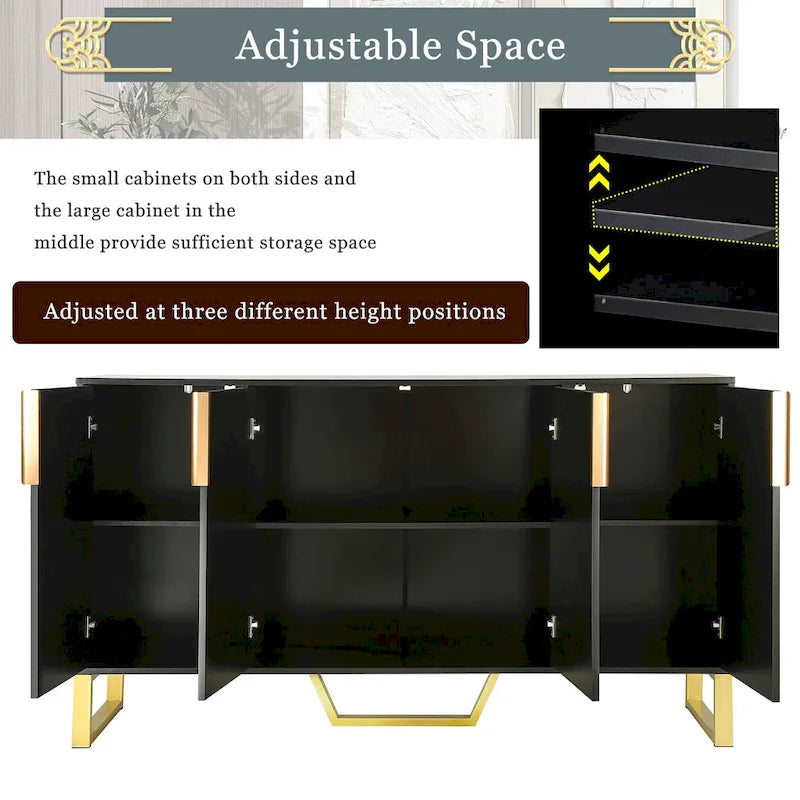 60" Modern Sideboard Kitchen Cabinet with 4 Doors, Adjustable Shelves, Marble Top, Gold Metal Legs - White Storage Buffet