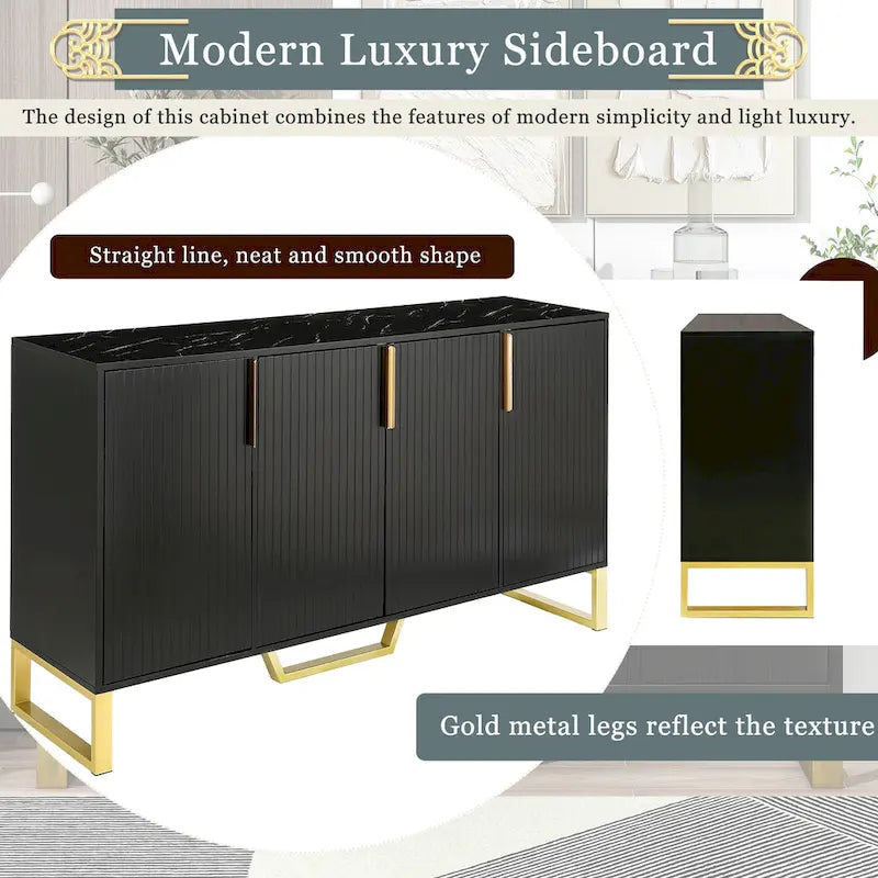 60" Modern Sideboard Kitchen Cabinet with 4 Doors, Adjustable Shelves, Marble Top, Gold Metal Legs - White Storage Buffet