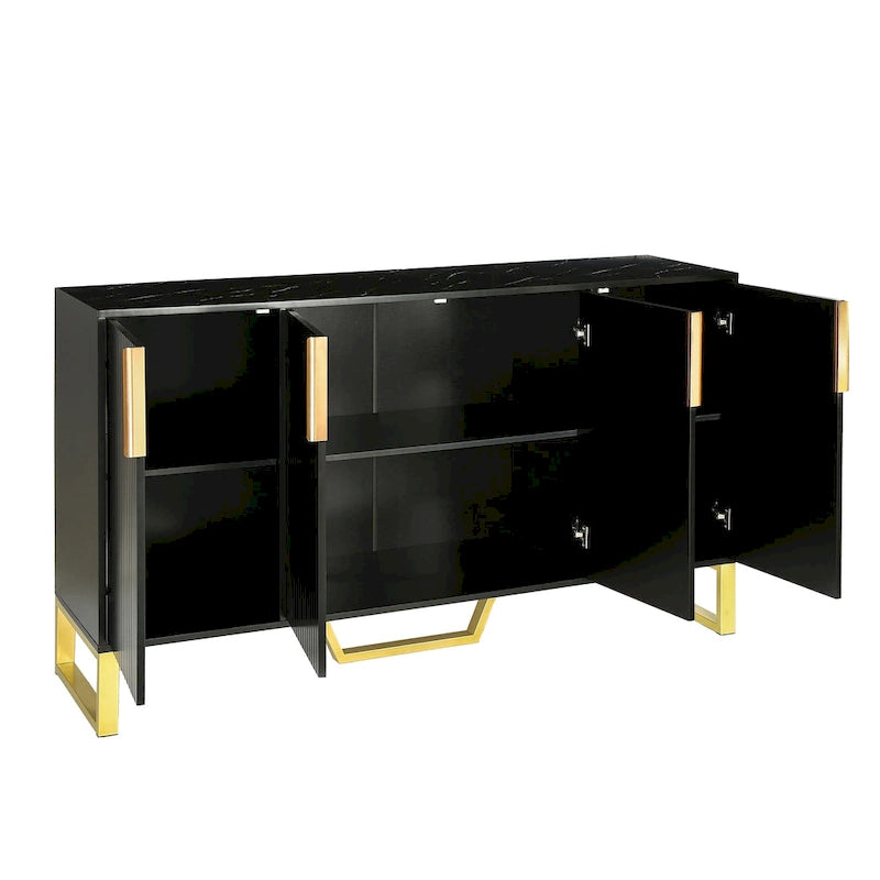 60" Modern Sideboard Kitchen Cabinet with 4 Doors, Adjustable Shelves, Marble Top, Gold Metal Legs - White Storage Buffet