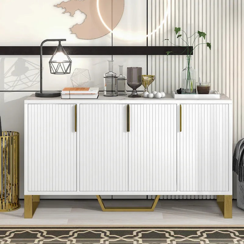 60" Modern Sideboard Kitchen Cabinet with 4 Doors, Adjustable Shelves, Marble Top, Gold Metal Legs - White Storage Buffet