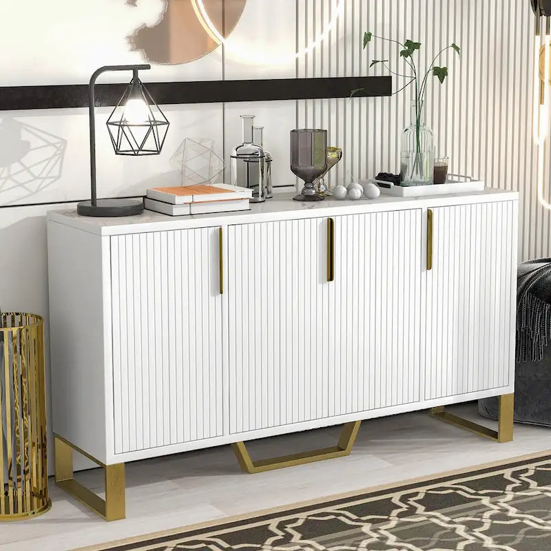 60" Modern Sideboard Kitchen Cabinet with 4 Doors, Adjustable Shelves, Marble Top, Gold Metal Legs - White Storage Buffet