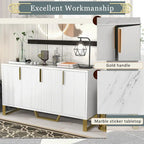 60" Modern Sideboard Kitchen Cabinet with 4 Doors, Adjustable Shelves, Marble Top, Gold Metal Legs - White Storage Buffet