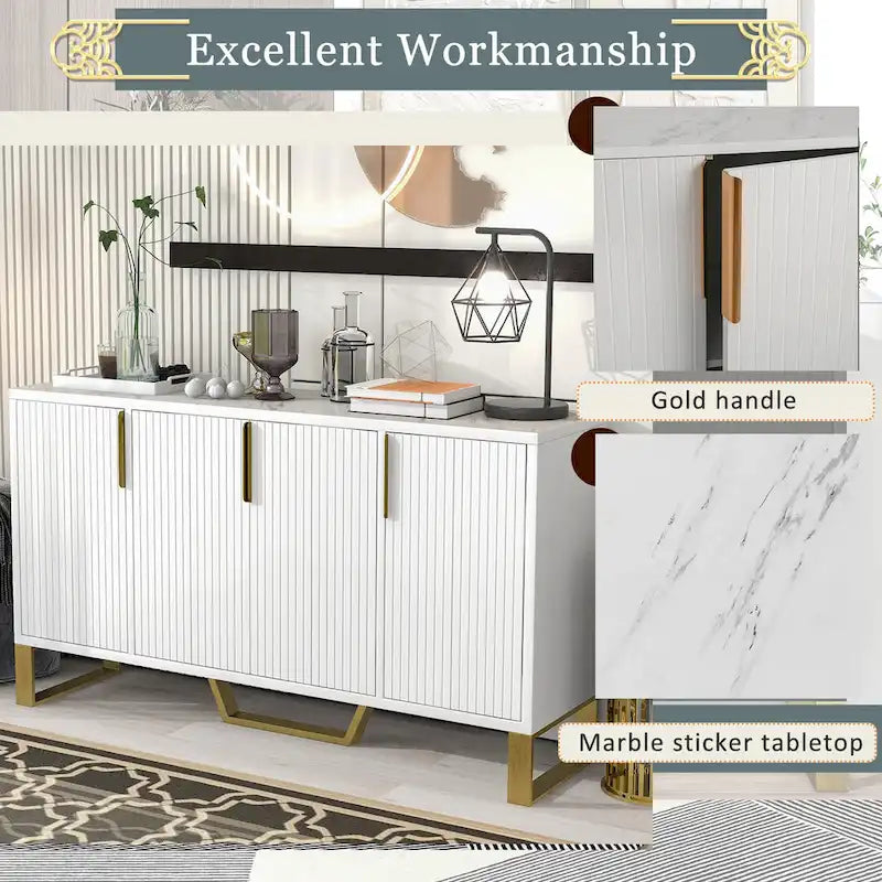 60" Modern Sideboard Kitchen Cabinet with 4 Doors, Adjustable Shelves, Marble Top, Gold Metal Legs - White Storage Buffet