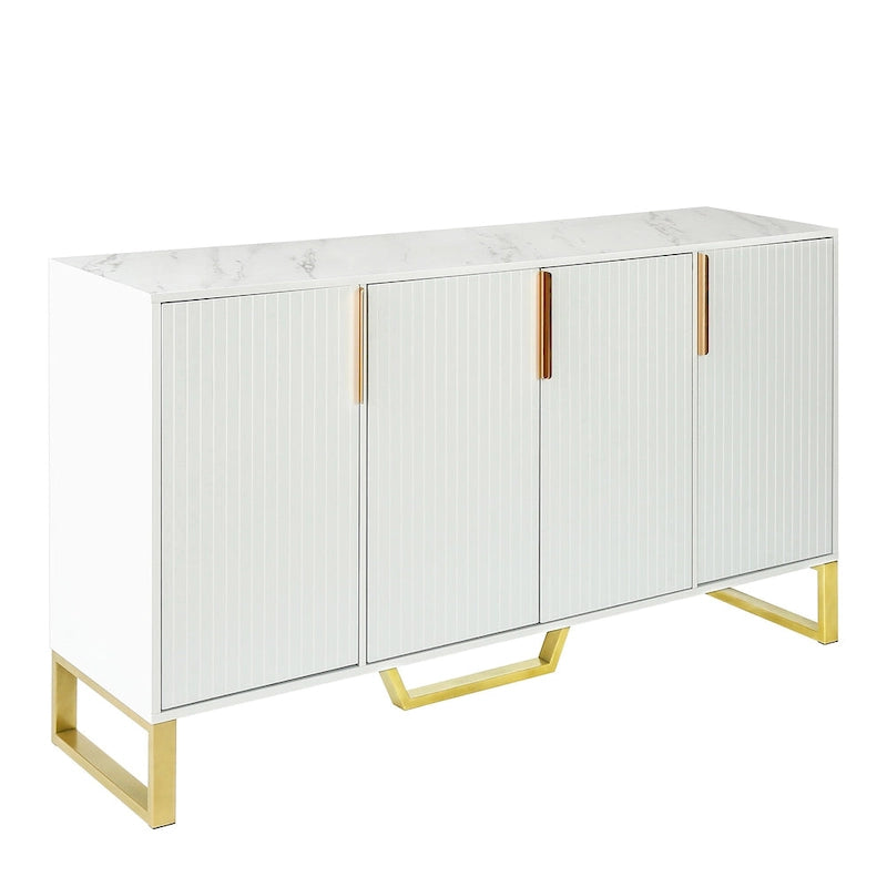 60" Modern Sideboard Kitchen Cabinet with 4 Doors, Adjustable Shelves, Marble Top, Gold Metal Legs - White Storage Buffet