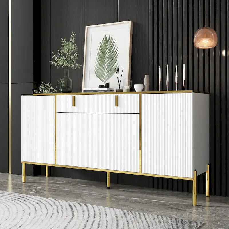 Modern Sideboard Storage Cabinet with Golden Metal Legs - Buffet Credenza for Kitchen Dining Living Room - Particle Board